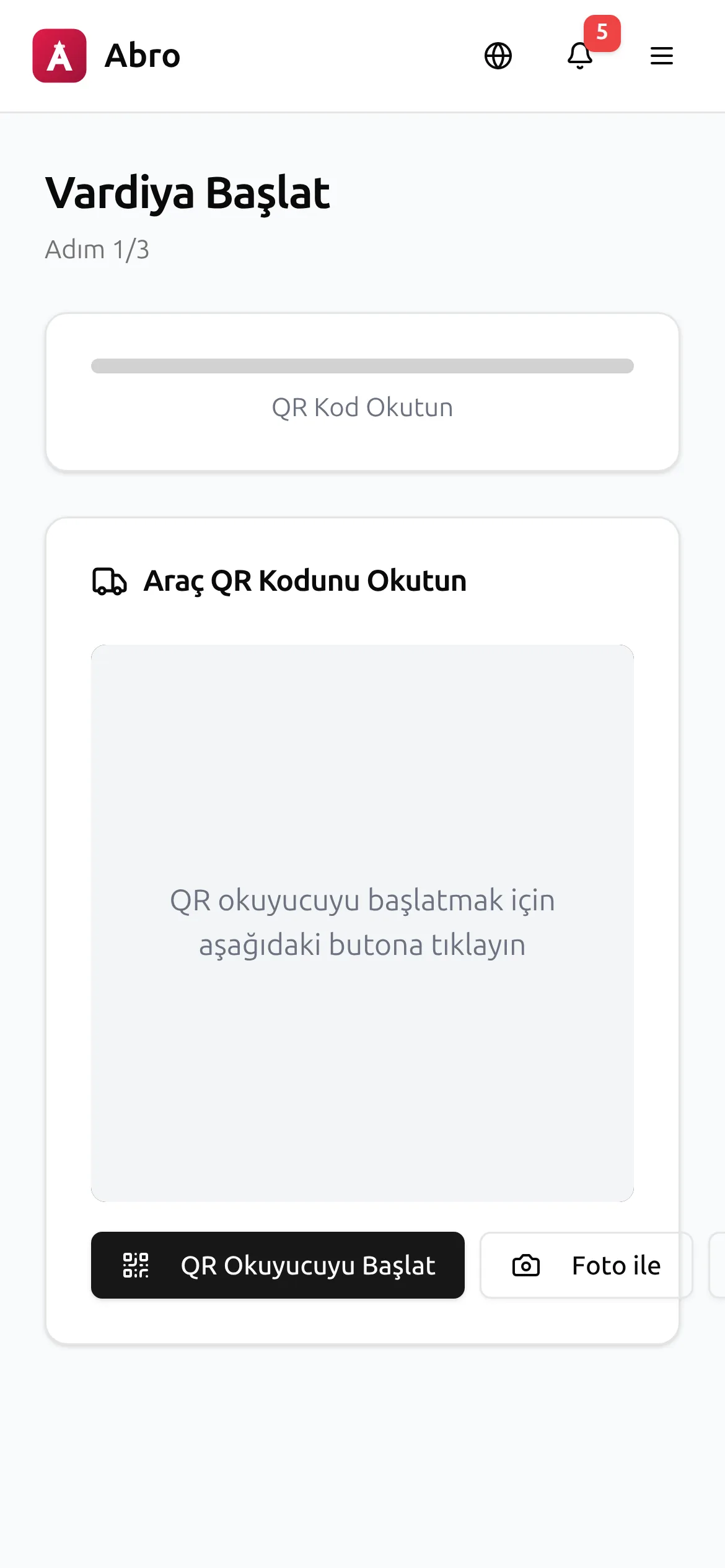 Mobil QR ile vardiya başlatma — Abro ekran görüntüsü