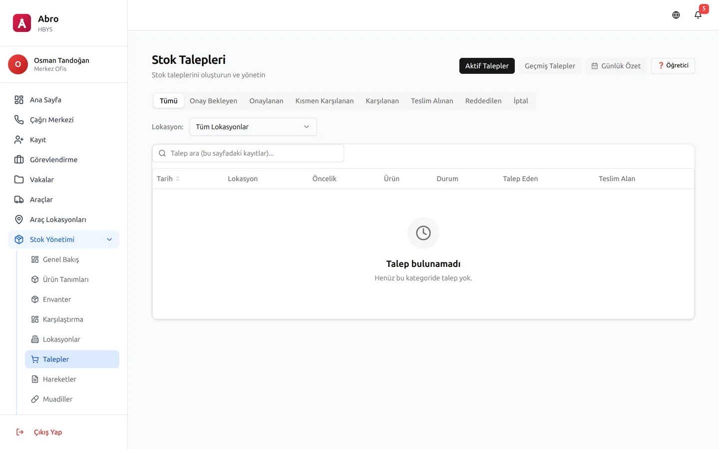 Talep akışı — talep, onay, karşılama — Abro ekran görüntüsü